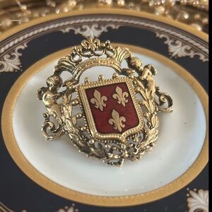 Vintage Gold Fleur de lis and Red Guilloché Royal Crest Shield Brooch